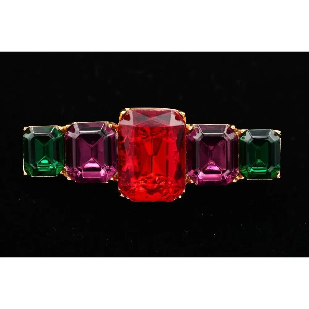Vintage Crystal Bar Pin Brooch Baguette Rhinestone Multi-Color Gold 1980s BinAT